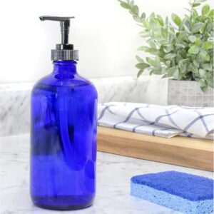 blue glass pump bottle