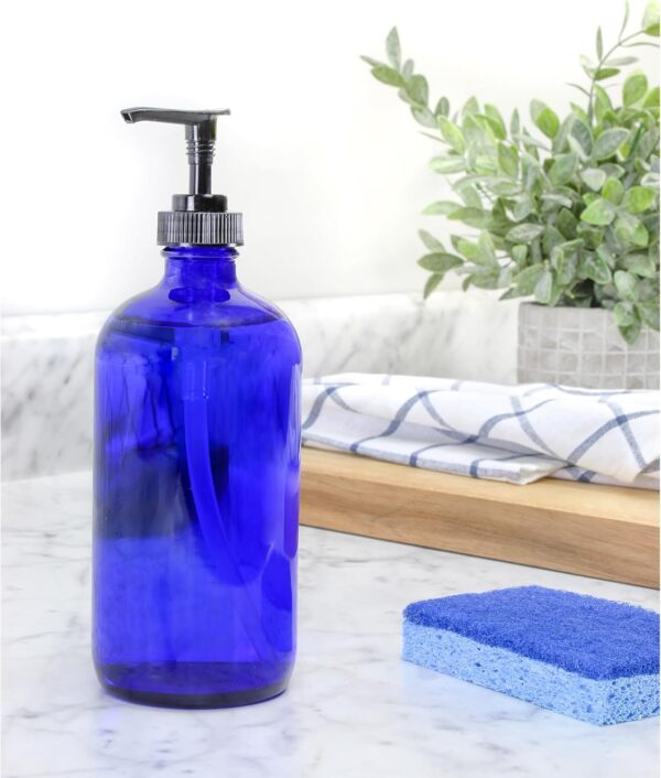 blue glass pump bottle