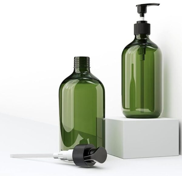 green glass pump bottle